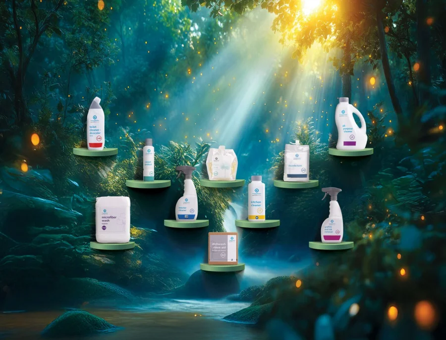 Een selectie i-hygienic-reinigingsmiddelen in sprayflessen, doseerflessen, cans en pouches