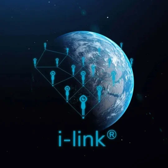 i-link-logo met een wereldbol en verbonden i-mop-pictogrammen